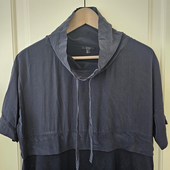 COS Dark Navy Cotton & Silk Cowl Neck Relaxed Fit W Pockets Dress M - Picture 4 of 8